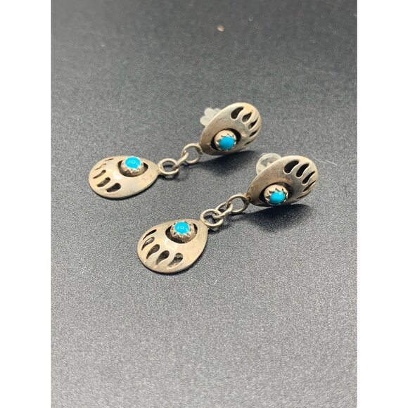 Bear Paws Earrings Sterling Silver & Turquoise Native American Pierced Drops - Picture 3 of 5